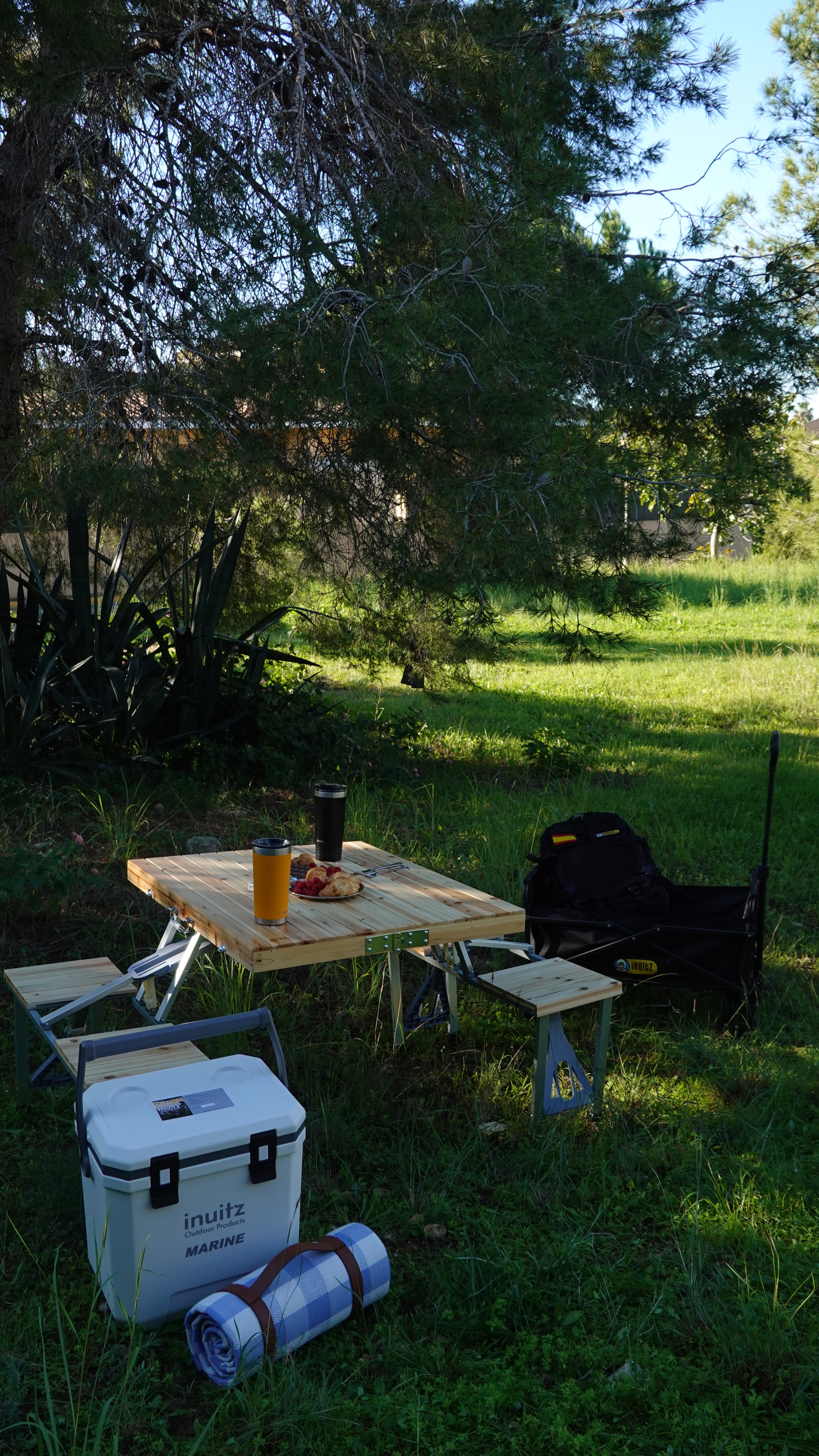 nevera en exterior con mesa y carrito inutiz