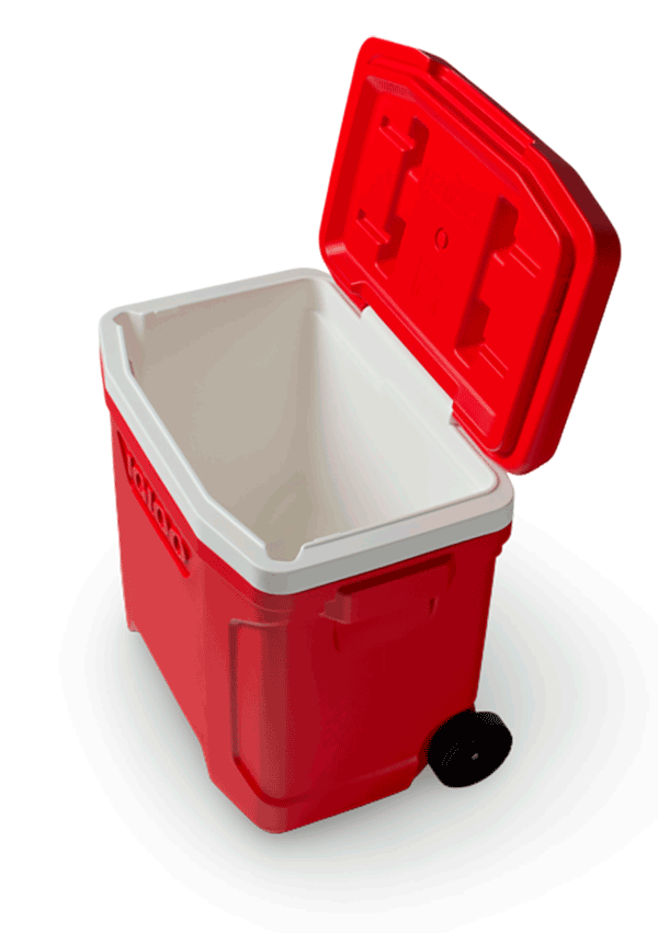 nevera portatil con ruedas igloo 26 litros roja tapa abierta