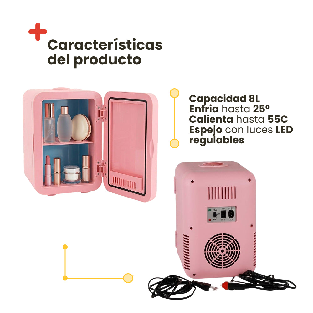 Mini Nevera Rosa para cosméticos con espejo LED - 8 litros