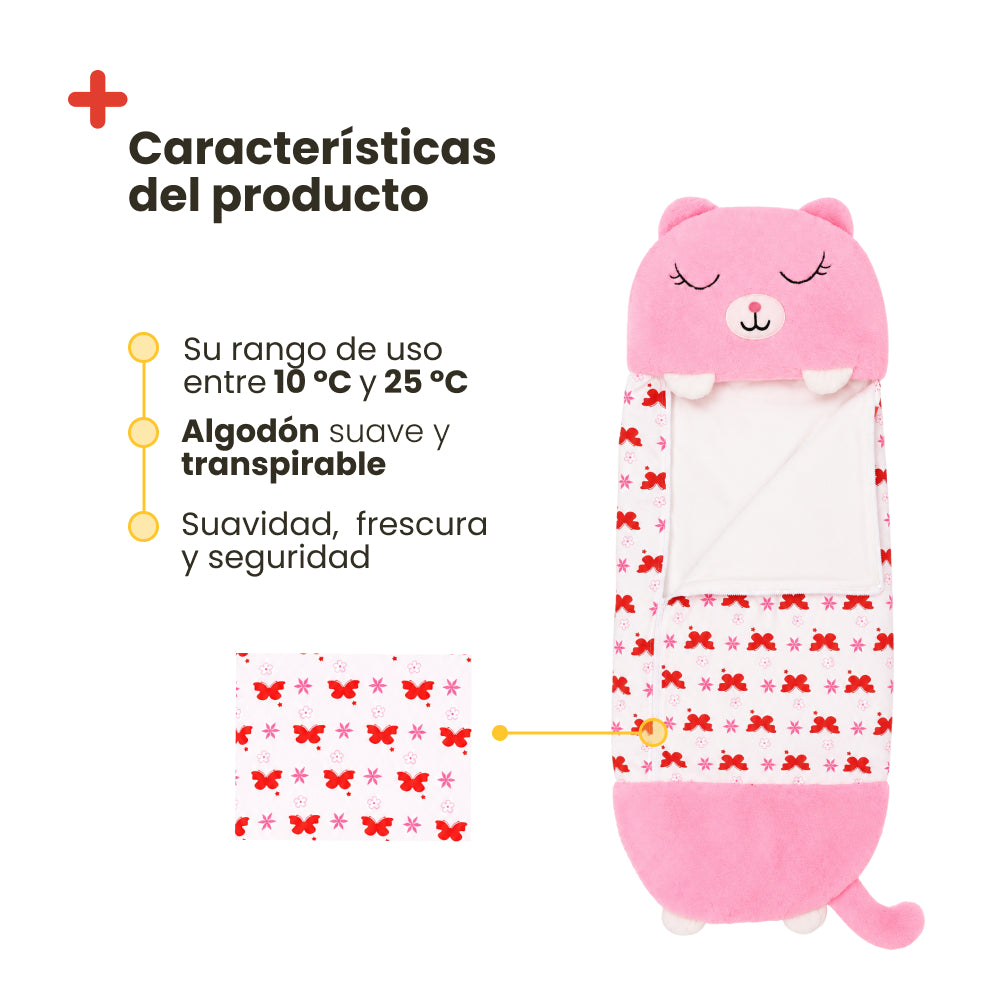Saco de Dormir de Gatita Infantil - Algodón 130x50 – Ligero, Cómodo y Seguro