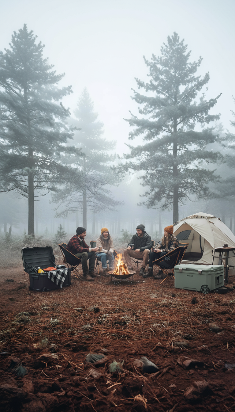 Nevera portatil junto a fogata y amigos